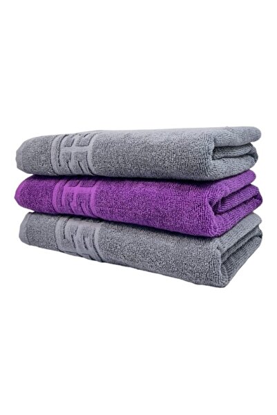 OEM Set 3 prosoape de față, bumbac, bicolor, bordură grecească, 500g/m², 50x90cm, gri-violet