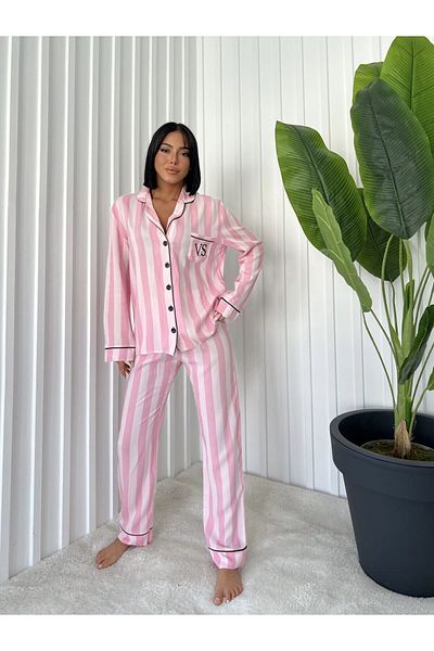 FENZO Women's Pocketed Striped and Stylish Piping Detailed Cotton Viscose Double Pink Bottom Top Double Set