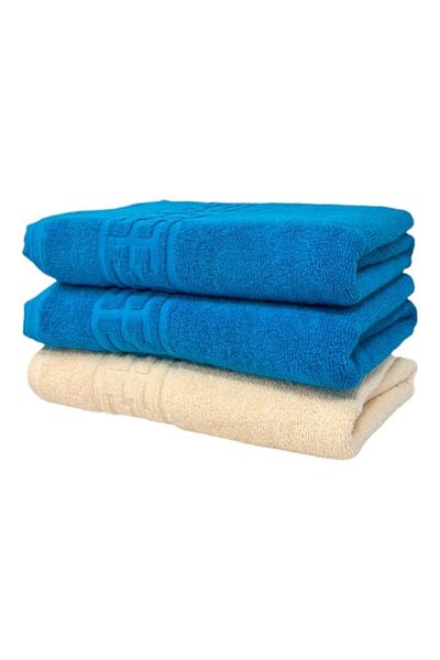 OEM Set 3 prosoape de mână, bumbac, bicolor, bordură grecească, 500g/m², 30x50cm, albastru-ivoriu