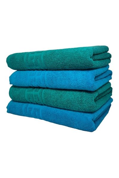 OEM Set 4 bath towels, Cotton, Two-tone, Greek Border, 500g/m², 70x140cm, Turquoise-Dark Green
