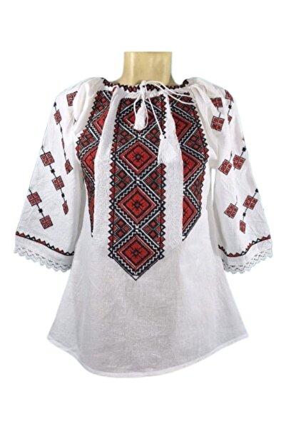 OEM Women's Blouse, Cotton, 3/4 Sleeve, Traditional Embroidery Red-Black, Size S