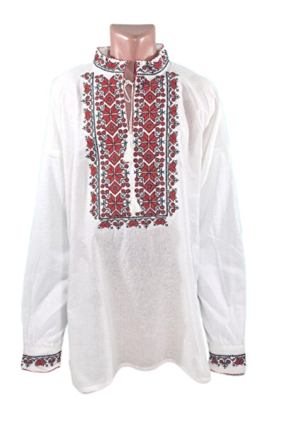 OEM Traditional Men's Shirt, Long Sleeve, Tunic Style, Red-Black Embroidery, Cotton, Size L