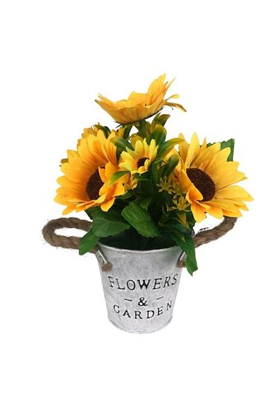 OEM Metal bucket-shaped flower pot with rope handles and plastic sunflower, 15x24 cm