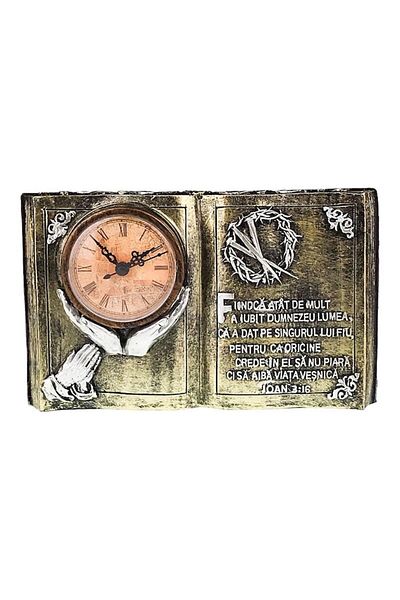 OEM Decoratiune din rasina in forma de carte cu ceas, coroana de spini si citat religios, 24x14 cm, auri