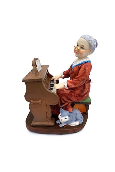 OEM Decoratiune din rasina reprezentand o bunica cantand la pian, 11x13 cm