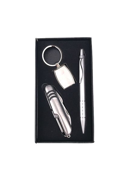 OEM Set with pen, pocket knife, and keychain, 10x17 cm, black-silver