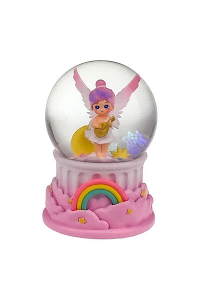 OEM Glass globe with water and angel, resin base with rainbow, 9x13 cm pink