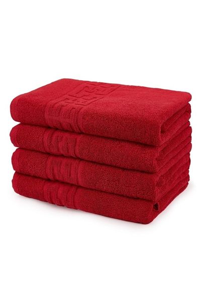 OEM Set of 4 bath towels, Cotton, Plain, Greek Border, 500g/m², 70x140cm, Red