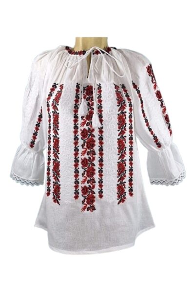 OEM Women's blouse, 3/4 sleeve, traditional with rose buds, red-black embroidery, size 3XL