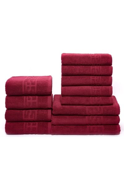 OEM Set 12 bathroom towels, Cotton, Greek Border, 500g/m², Bordeaux