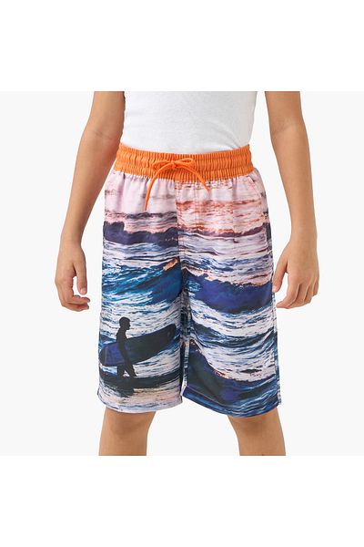 Juniors Printed Swim Shorts with Drawstring Closure