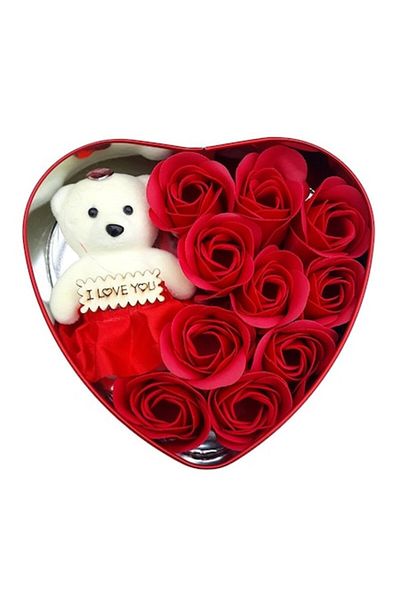 OEM Heart-shaped box with soap roses and teddy bear with 'I love you' text, red