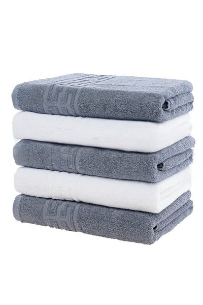 OEM Set 5 prosoape de baie, Bumbac, Bicolor, Bordura Greceasca, 500g/m², 70x140cm, Gri-Alb