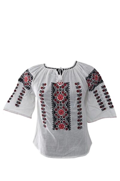 OEM Bluza tip ie dama, Maneca Scurta, Bumbac, Model Traditional, Broderie Negru-Rosu, Marime 2XL