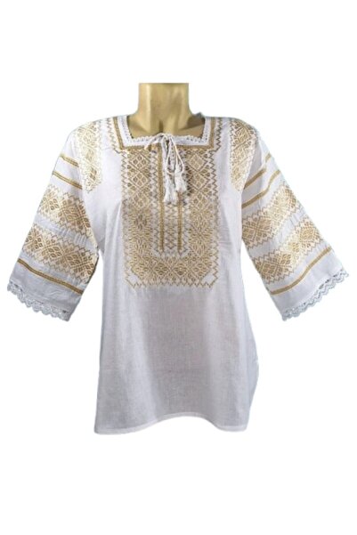 OEM Ie Dama, Broderie Auriu, Bumbac, Model Traditional, Maneca 3/4, Marime L