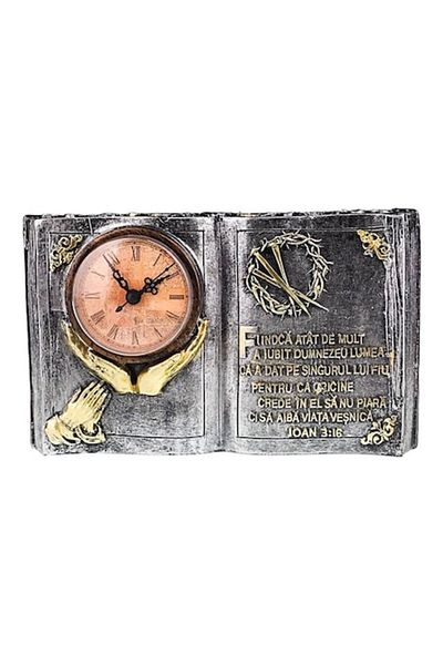 OEM Decoratiune din rasina in forma de carte cu ceas, coroana de spini si citat religios, 24x14 cm, argi