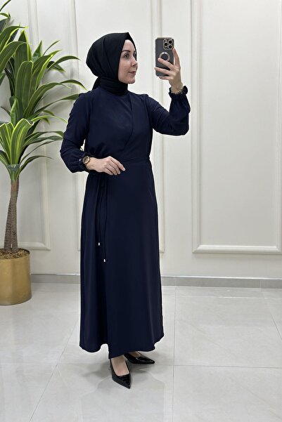 Armine Trend Beli Büzgülü Bağlamalı Kadın Elbise Lacivert ARM 944