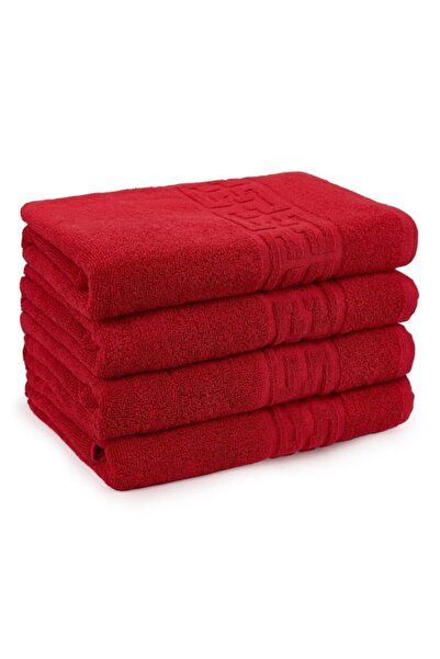 OEM Set 4 hand towels, Cotton, Greek Border, 500g/m², 30x50cm, Red