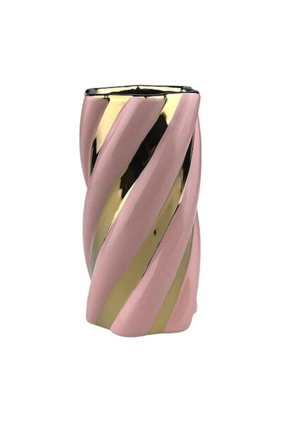 OEM Vază ceramică cu dungi, 10x20 cm, roz-auriu