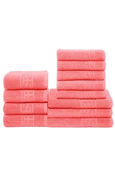 OEM Set 12 Bath Towels, Cotton, Greek Border, 500g/m², Coral