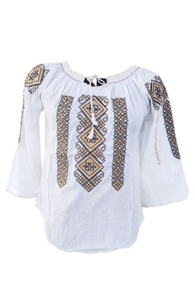 OEM Bluza tip ie dama, Broderie Bej-Negru, Bumbac, Model Traditional, Maneca Lunga, Marime XL