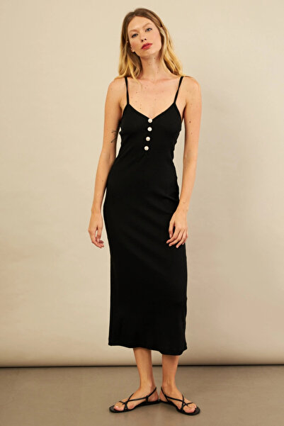 Cool & Sexy Women's Black Button Detailed Camisole Midi Dress Ey3122