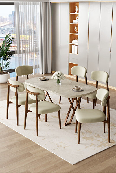 Canisa Jolin Serisi Mdf 90x168 Traverten Masa Takımı 6 Krem Ahşap Kaplama Metal Sandalye