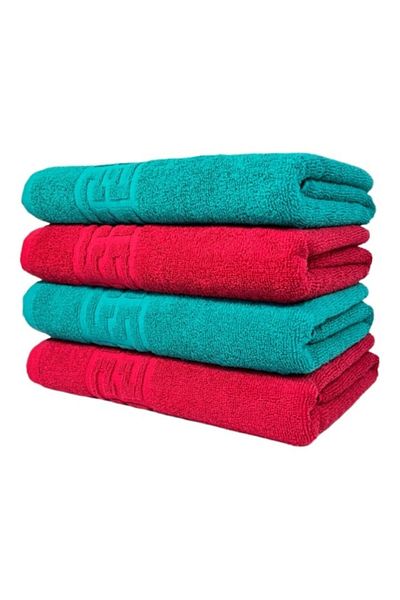 OEM Set 4 bath towels, Cotton, Bicolor, Greek Border, 500g/m², 70x140cm, Red-Dark Green