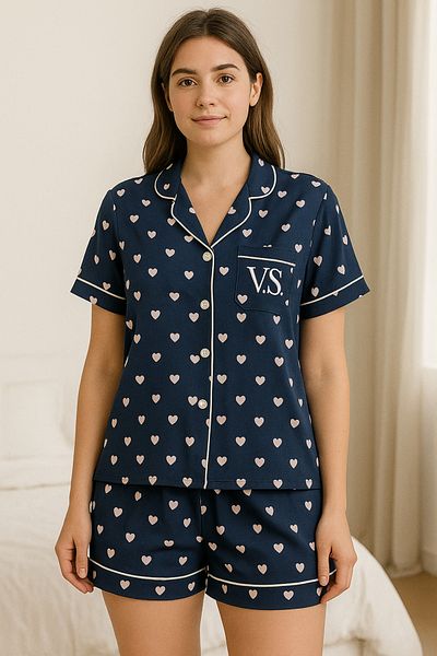 FENZO Women's Heart Cotton Viscose Shorts Pajamas Set Short Sleeve Top Short Shorts Casual Homewear