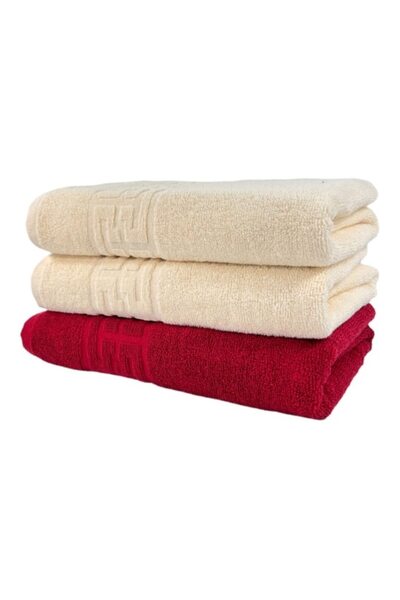 OEM Set 3 bath towels, Cotton, Bicolor, Greek Border, 500g/m², 70x140cm, Ivory-Red