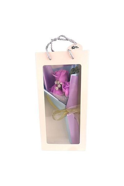 OEM Buchet cu Trei Trandafiri de Săpun, Ambalat în Săculeț cu Mâner, M3, 15X32 cm