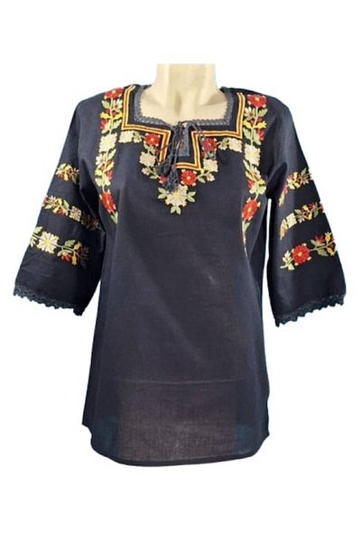 OEM Ie Dama, Broderie Multicolor, Bumbac, Model Traditional, Maneca 3/4, Negru, Marime M