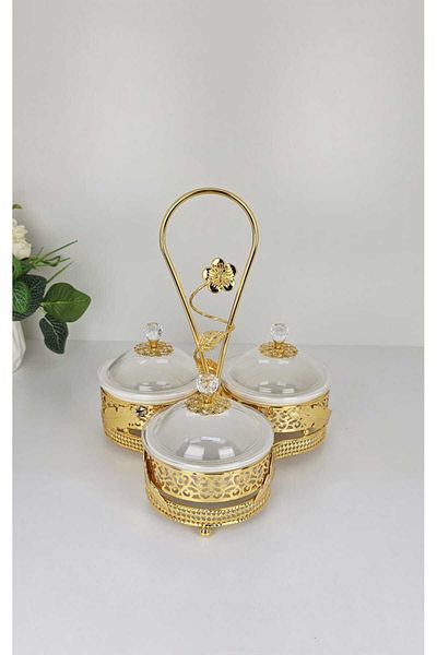 Radin Candy and Dates Serving Bowl Set Metal Rack 3 Bowls Lid and Handle Ideal for Desserts Snacks Nuts