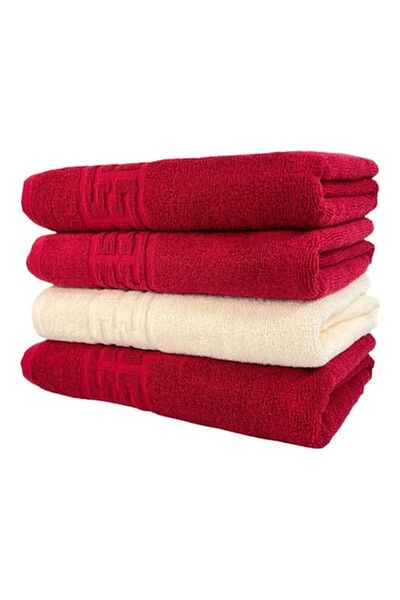 OEM Set 4 Prosoape de Baie, Bumbac, Bicolor, Bordura Greceasca, 500g/m², 70x140cm, Rosu-Ivoire