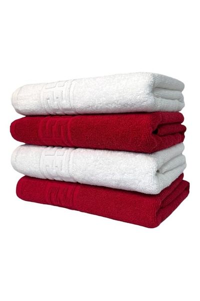 OEM Set of 4 bath towels, Cotton, Bicolor, Greek Border, 500g/m², 70x140cm, White-Bordeaux
