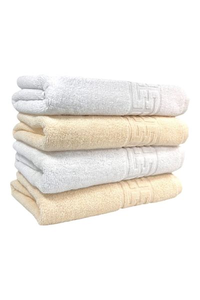 OEM Set 4 Hand Towels, Cotton, Bicolor, Greek Border, 500g/m², 30x50cm, White-Ivory