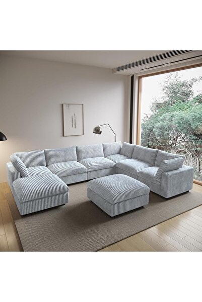 pavellium home Sirius Modüler L Koltuk // 380x 285 + 2 Puf Tavşan Tüyü Kumaş // Yıkanabilir Kılıflı // Gri