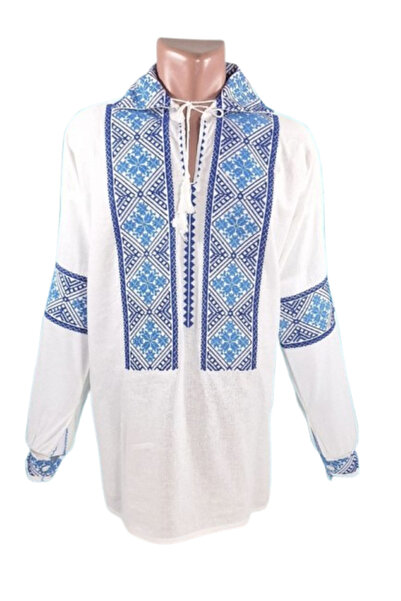 OEM Ie Traditionala Barbati, Broderie Albastru-Bleumarin, Maneca Lunga, Bumbac, Marime M