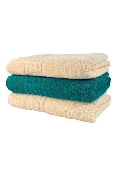 OEM Set 3 face towels, Cotton, Two-Tone, Greek Border, 500g/m², 50x90cm, Ivory-Dark Green