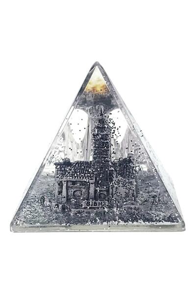 OEM Decoratiune in forma de piramida cu Sibiu si sclipici, 8x8 cm, argintiu