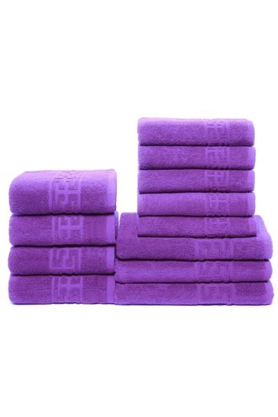 OEM Set 12 Bath Towels, Cotton, Solid, Greek Border, 500g/m², Purple