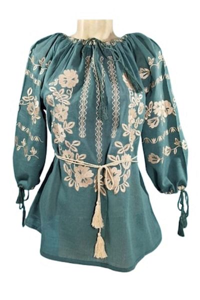 OEM Bluză de damă - bumbac bej brodat, design tradițional, mânecă 3/4, verde, mărimea 3XL
