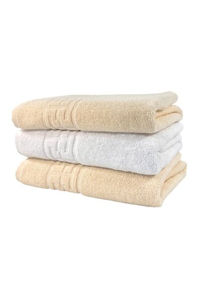 OEM Set 3 prosoape de baie, Bumbac, Bicolor, Bordura Greceasca, 500g/m², 70x140cm, Ivoire-Alb