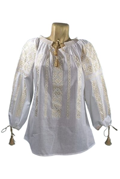 OEM Ie Dama, Bumbac, Model Traditional, Maneca Lunga, Broderie Bej, Alb, Marime M