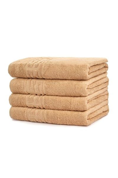 OEM Set of 4 bath towels, Cotton, Plain, Greek Border, 500g/m², 70x140cm, Brown