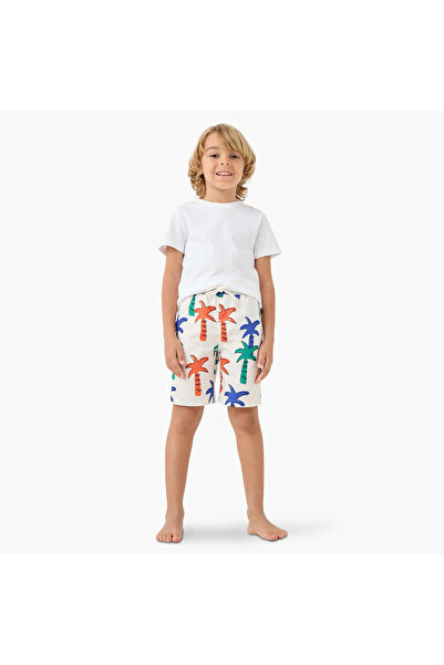 Juniors Palm Tree Print Swim Shorts with Pockets and Drawstring Closure