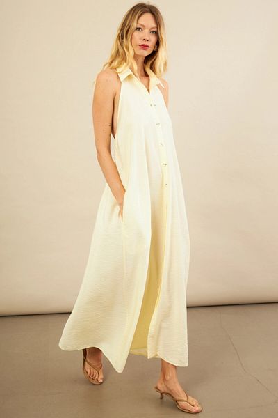 Cool & Sexy Women's Yellow Backless Maxi Shirt Dress Eln3132