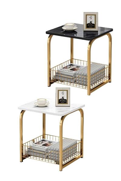 AGD Coffee Table Set, 2 Pieces, Side Table with Bottom Storage Basket, Modern Marble Design for Living R
