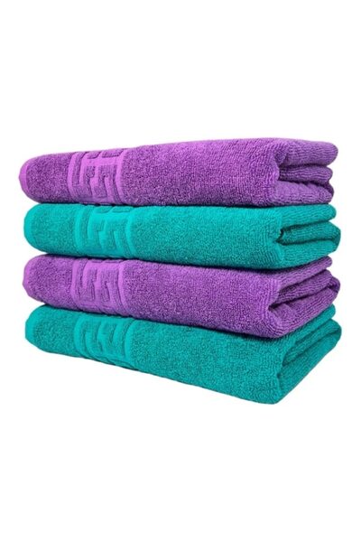 OEM Set 4 face towels, Cotton, Bicolor, Greek Border, 500g/m², 50x90cm, Purple-Dark Green