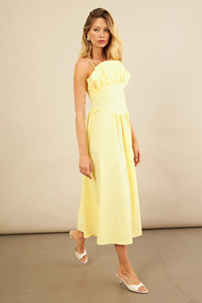 Cool & Sexy Kadın Sarı Volanlı Midi Elbise MİL4856